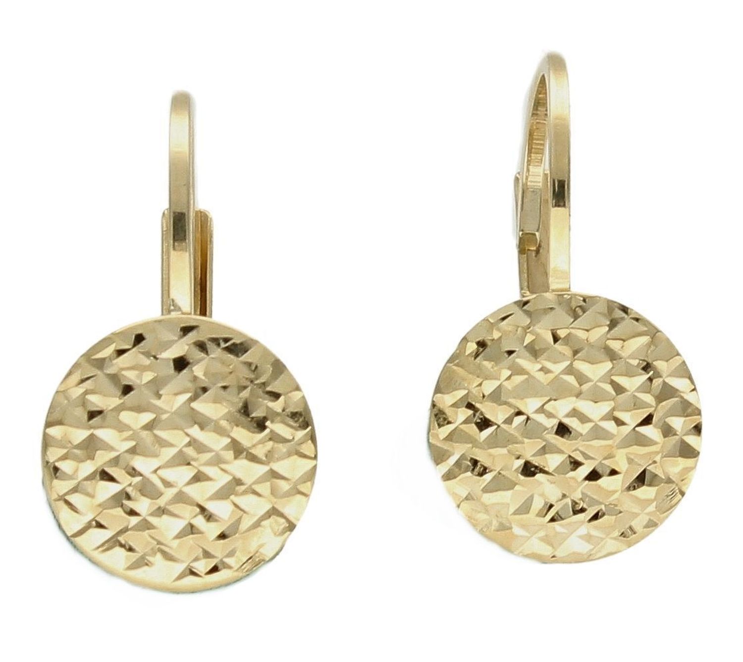 Złote kolczyki 375 wiszące okrągłe blaszki KL 1904 375. Delikatne kolczyki z ozdobnym grawerowaniem na okrągłej blaszce. Kolczyki zostały wykonane z najwyższej jakości próby żółtego złota 375. Kolczyki posiadają wygodne zapięcie na b.jpg